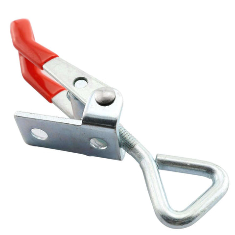 Durable latch set with metal clip and plastic grip handle provides a secure, comfortable grip; small side-mount toggle clamp in red handle.
