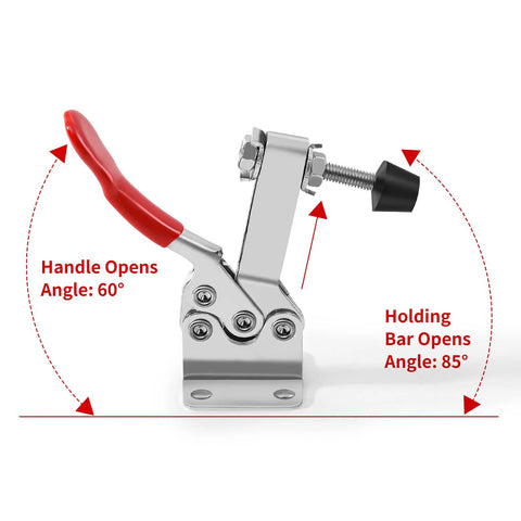 Beefed Up 10 Pack Hold Down Toggle Clamps For Woodworking And CNC Workholding, Quick Release Cam Clamp With 200 Lbs Holding Capacity, Anti Slip Red Vinyl Handle, Vertical And Horizontal Mount, SKYCY, showing handle and bar angles.