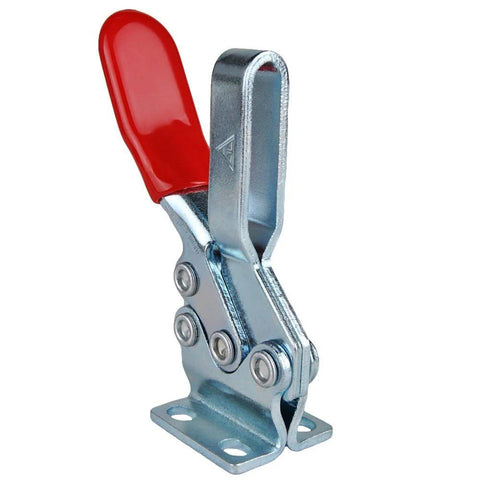 Heavy Duty Four Pack Quick Release Toggle Clamp Set With Rubber Pressure Tip 198 Lb Holding Capacity For Woodworking Jigs And Fixtures Made From Cold Rolled Steel Zinc Plated For Corrosion Resistance ETING GH 225 D, front view of clamp with red handle