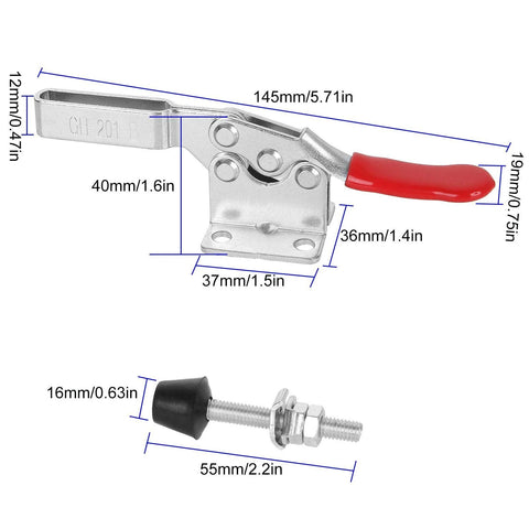 Adjustable Toggle Clamp Set 12 Pack Quick Release Hold Down Clamps 201 B Style red finish with dimensions for woodworking
