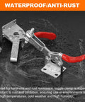 Four Pack Toggle Clamps Beefy 220 Lbs Hold Down Quick Release Horizontal Clamps 201B with red vinyl handles, waterproof on dark surface.