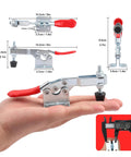 Pro Grade Quick Release Toggle Clamps 225D Set 15 Pack With 500lbs Holding Capacity displayed in hand with size dimensions