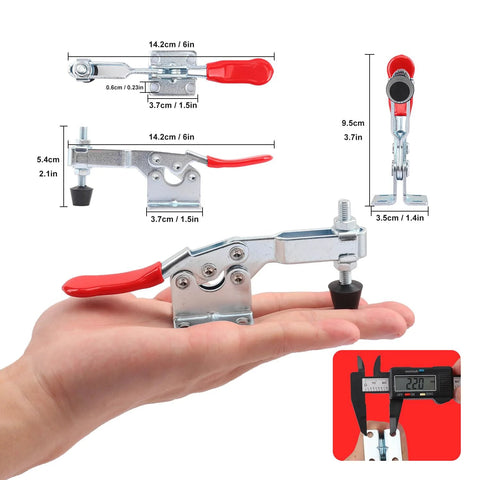 Pro Grade Quick Release Toggle Clamps 225D Set 15 Pack With 500lbs Holding Capacity displayed in hand with size dimensions
