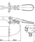Technical drawing of Heavy Duty Toggle Clamp Set Three Piece 500 Lb Holding Capacity Quick Release Horizontal Clamp with dimensions.