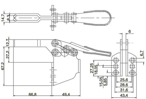 Technical drawing of Heavy Duty Toggle Clamp Set Three Piece 500 Lb Holding Capacity Quick Release Horizontal Clamp with dimensions.