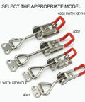 Heavy Duty Toggle Clamp Set MIKMAYTOO 4001 Quick Release Pull Latch With 150 Kg Holding Capacity Adjustable Installation Distance Galvanized Steel Model 4001 8 Pack R4001 For Secure Doors And Jigs with different models displayed.