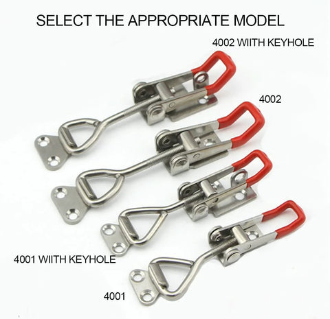 Heavy Duty Toggle Clamp Set MIKMAYTOO 4001 Quick Release Pull Latch With 150 Kg Holding Capacity Adjustable Installation Distance Galvanized Steel Model 4001 8 Pack R4001 For Secure Doors And Jigs with different models displayed.