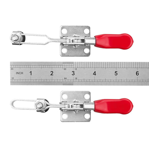 Adjustable Toggle Clamp Set 12 Pack Quick Release Hold Down Clamps 201 B Style With Anti Slip Red Finish, side view with ruler