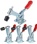 Four Pack 201B Toggle Clamp Set with 198 lbs holding capacity, red antislip handle, zinc-coated steel for corrosion resistance.