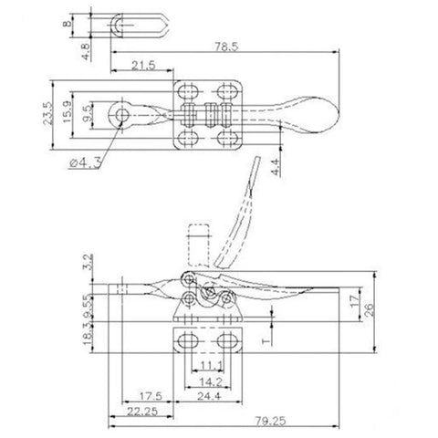 Technical drawing of 4 Piece Toggle Clamp Set 60 Lbs Holding Capacity 27 Kg 201A Horizontal Quick Release, dimensions shown