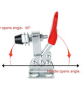 16 Pack Toggle Clamps Set For Woodworking And DIY Projects, 60 Lb Holding Capacity, side view showing 75° handle and 90° bar angle