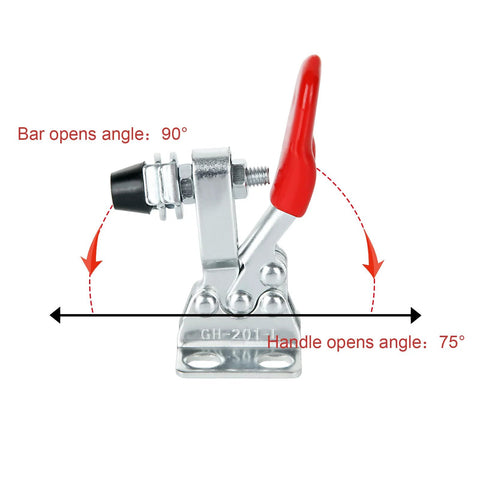 16 Pack Toggle Clamps Set For Woodworking And DIY Projects, 60 Lb Holding Capacity, side view showing 75° handle and 90° bar angle