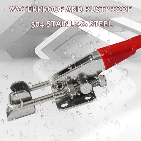 Two Piece Heavy Duty Toggle Clamp With 400 Pound Capacity In 304 Stainless Steel Including Adjustable U Bolt Holder And Quick Release Latch For Reliable Indoor And Outdoor Use, close-up view