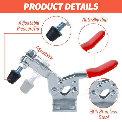 Product details of 8 Pack Toggle Clamps With 500 Lb Holding Capacity And 225D Quick Release, highlighting key features and materials.
