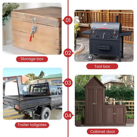 8 Pack Heavy Duty Toggle Clamp Latches 431 Type Up To 2000 Lbs Holding Capacity shown in various applications like storage box, smoker lid, tire carrier, trailer door