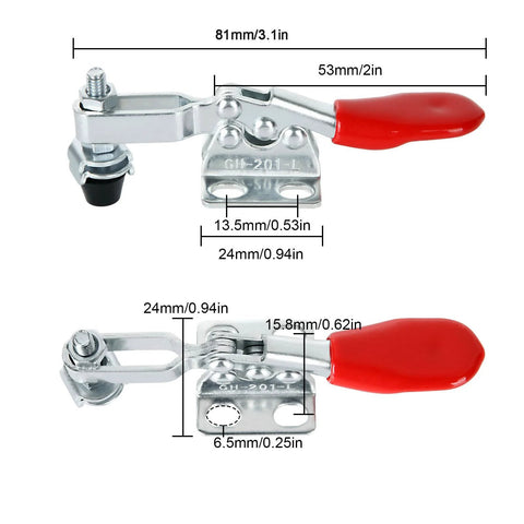 16 Pack Toggle Clamps Set For Woodworking And DIY Projects, 60 Lb Holding Capacity, Small Clamps with dimensions and red handle