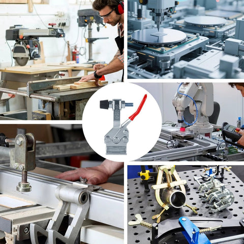Collage of woodworking, metalworking, and a toggle clamp with 8 Pack Toggle Clamps With 500 Lb Holding Capacity And 225D Quick Release