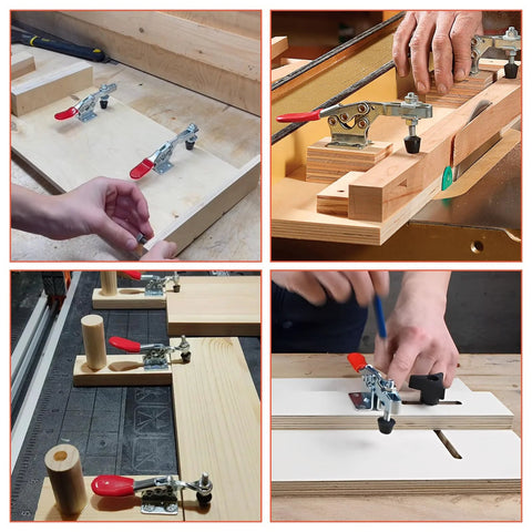 Hands using 8 Pack Toggle Clamps With 500 Lb Holding Capacity And 225D Quick Release for woodworking projects, showing adjustable hold downs.