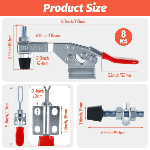 8 Pack Toggle Clamps With 500 Lb Holding Capacity And 225D Quick Release, detailed product size dimensions diagram