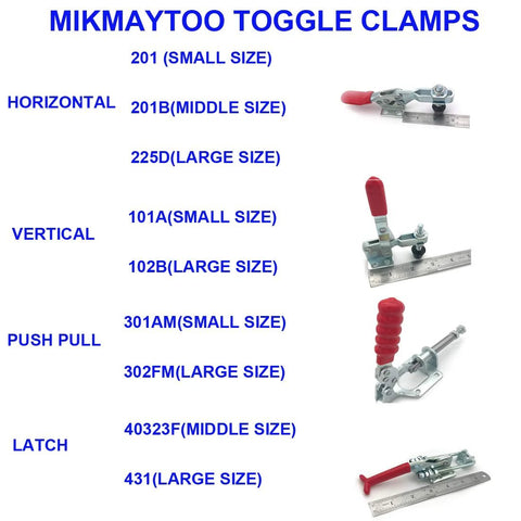 Small Quick Release Horizontal Toggle Clamp 60 Lbs 27 Kg 8 Pack GH 201 Red Non Slip Clamp Tool Kit options shown in catalog with sizes.