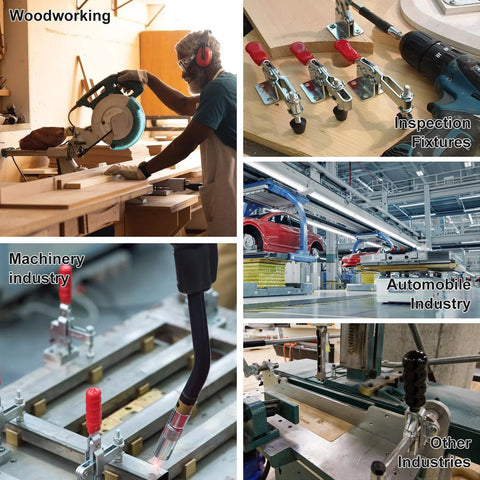 Pro Grade Quick Release Toggle Clamps 225D Set 15 Pack With 500lbs Holding Capacity shown in various industrial applications