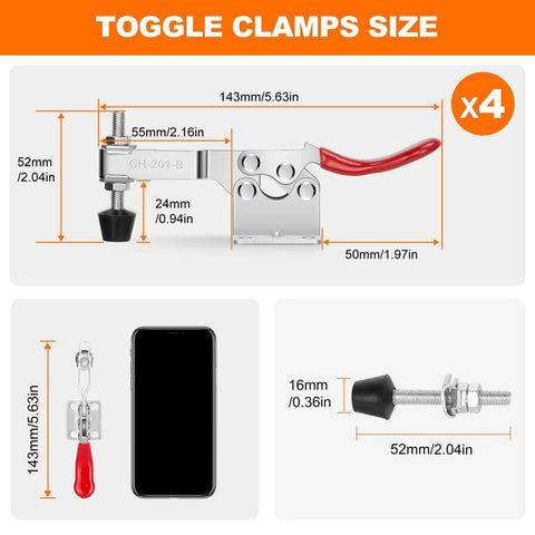 Dimensions of Four Pack Toggle Clamps Beefy 220 Lbs, quick release horizontal clamps with rubber tips and red handles.