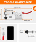 Dimensions of Heavy Duty 10 Pack Toggle Clamps For Woodworking And Welding, showing size and components, with quick release handle.