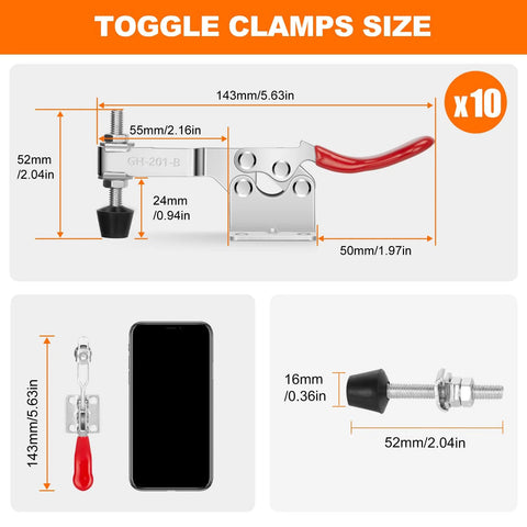 Dimensions of Heavy Duty 10 Pack Toggle Clamps For Woodworking And Welding, showing size and components, with quick release handle.