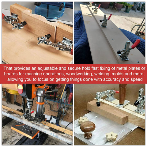 16 Pack Toggle Clamps Set For Woodworking And DIY Projects installed, holding wooden boards securely in place, showcasing 60 lb capacity.