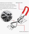 Close-up of Six Pack Adjustable Toggle Latch Clamp 4001 Heavy Duty 330 Lbs Holding Capacity showing zinc and red rubber handle