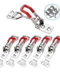 Six Pack Adjustable Toggle Latch Clamps Provide Secure Quick Release Holding Up To 330 Lbs For Tool Boxes And Smoker Gear With Corrosion Resistant Zinc Coating And Oil And Stain Resistant Red Vinyl Grips For Indoor Or Outdoor Use.