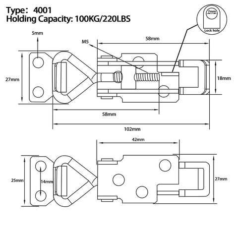 Technical drawing of Toggle Latch Clamp 304 Stainless Steel Heavy Duty With Lock Hole Adjustable Hasp with dimensions