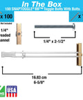 Diagram showing TOGGLER SNAPTOGGLE Drywall Anchors 100 Pack, 1/4 Inch Toggle Bolts with 2.5 Inch Bolts Included, Made in USA