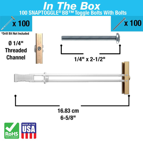 Diagram showing TOGGLER SNAPTOGGLE Drywall Anchors 100 Pack, 1/4 Inch Toggle Bolts with 2.5 Inch Bolts Included, Made in USA