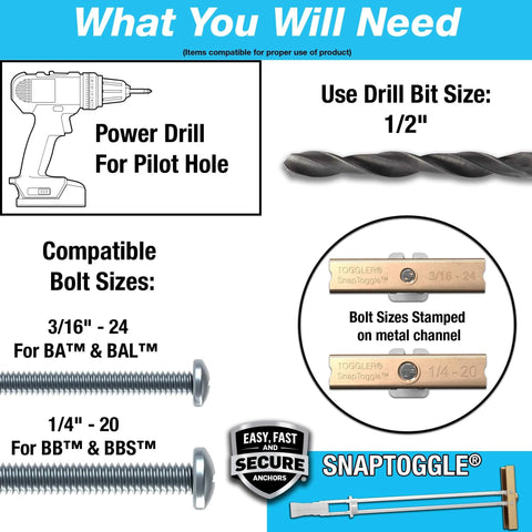 Instruction guide showing drill and bolt sizes for TOGGLER SnapToggle Toggle Anchors, Zinc Plated Steel Channel, heavy duty use.