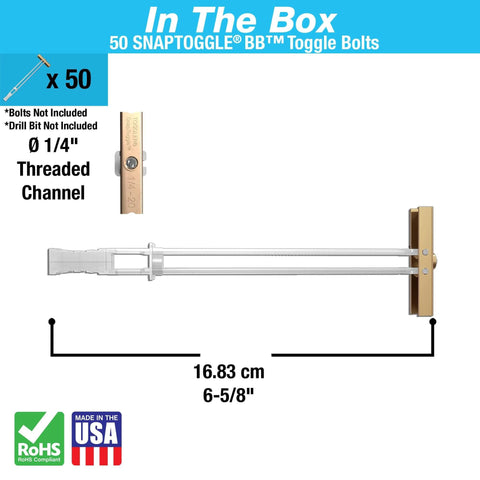 TOGGLER SnapToggle Toggle Anchors, Zinc Plated Steel Channel, 3/8 to 3-5/8 Inch Grip Range, 50 Pack, USA made
