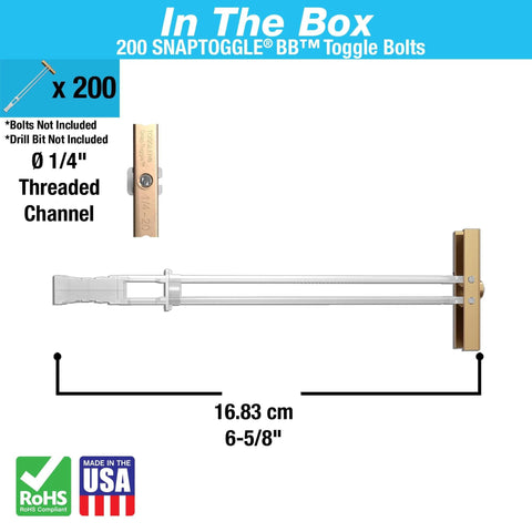 Image showing components of 200-Pack TOGGLER SNAPTOGGLE BB Toggle Anchors, Zinc Plated Steel Channel, Made in USA, for heavy-duty mounting.
