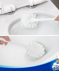 Person cleaning toilet with 2 In 1 Toilet Plunger And Bowl Brush Set For Super Easy Bathroom Cleanup With Space Saving Dual Compartment Holder White