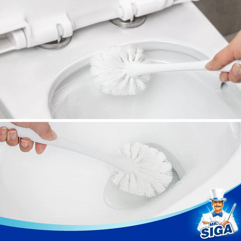 Person cleaning toilet with 2 In 1 Toilet Plunger And Bowl Brush Set For Super Easy Bathroom Cleanup With Space Saving Dual Compartment Holder White