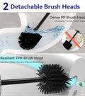Stainless Steel Freestanding Toilet Brush And Holder With Long Handle For No Fuss Bathroom Storage And Deep Cleaning Nickel Brushed SS304 Durable Toilet Cleaner Set With Dual Brush Heads Included, showcasing detachable dense PP and resilient TPR brush heads.