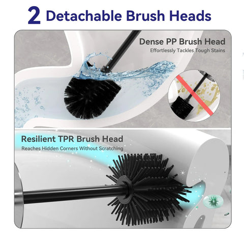 Stainless Steel Freestanding Toilet Brush And Holder With Long Handle For No Fuss Bathroom Storage And Deep Cleaning Nickel Brushed SS304 Durable Toilet Cleaner Set With Dual Brush Heads Included, showcasing detachable dense PP and resilient TPR brush heads.