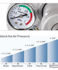 Close-up of pressure gauge and graph for Portable High Pressure Kinetic Toilet Plunger Air Blaster Pump For Clogged Toilets Drains Bath Shower Kitchen.