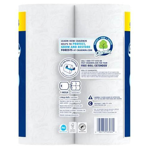 Back view of Ultra Soft Toilet Paper Mega Roll Pack With Six Mega Rolls Equaling 24 Regular Rolls, showing packaging details and eco-friendly info.