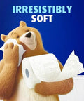 Cartoon bear cuddling Ultra Soft Toilet Paper Mega Roll Pack With Six Mega Rolls Equaling 24 Regular Rolls, highlighting softness.