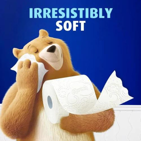 Cartoon bear cuddling Ultra Soft Toilet Paper Mega Roll Pack With Six Mega Rolls Equaling 24 Regular Rolls, highlighting softness.