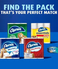 Various Charmin toilet paper packs including Ultra Soft, Ultra Strong, and Essentials against a blue background with slogan "Find the Pack."