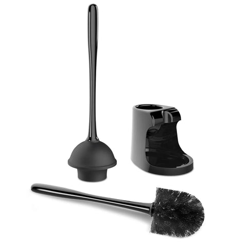 2 In 1 Toilet Plunger And Bowl Brush Set With Dual Compartment Stand Black, Space Saving Bathroom Cleaning Kit