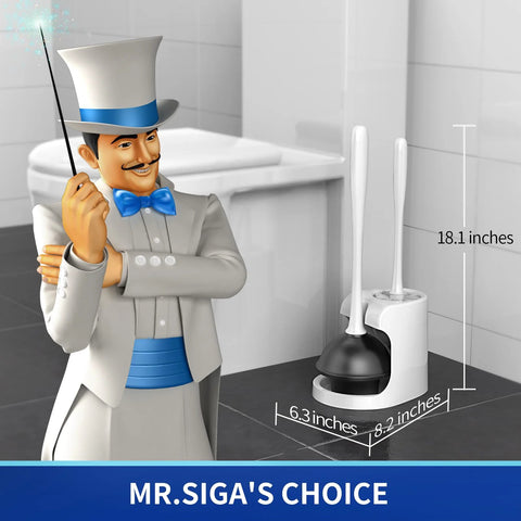 MR.SIGA 2 In 1 Toilet Plunger And Bowl Brush Set with Holder in bathroom setting, dimensions shown: 6.3x8.2x18.1 inches