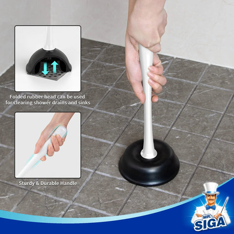2 In 1 Toilet Plunger And Bowl Brush Set For Super Easy Bathroom Cleanup with dual compartment holder shown in use on tiled floor