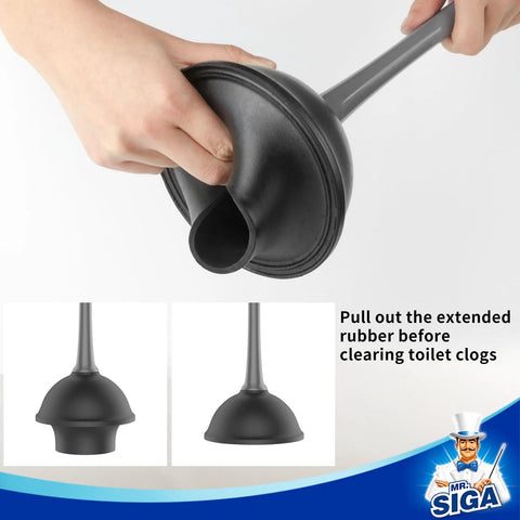 Hand using Space Saving Toilet Plunger from Gray Combo Set for Easy Bathroom Cleaning by MR Siga